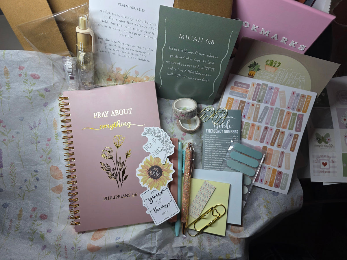 Faith Element Kit contents including scripture journal, Bible highlighters, verse cards, stickers and bookmarks