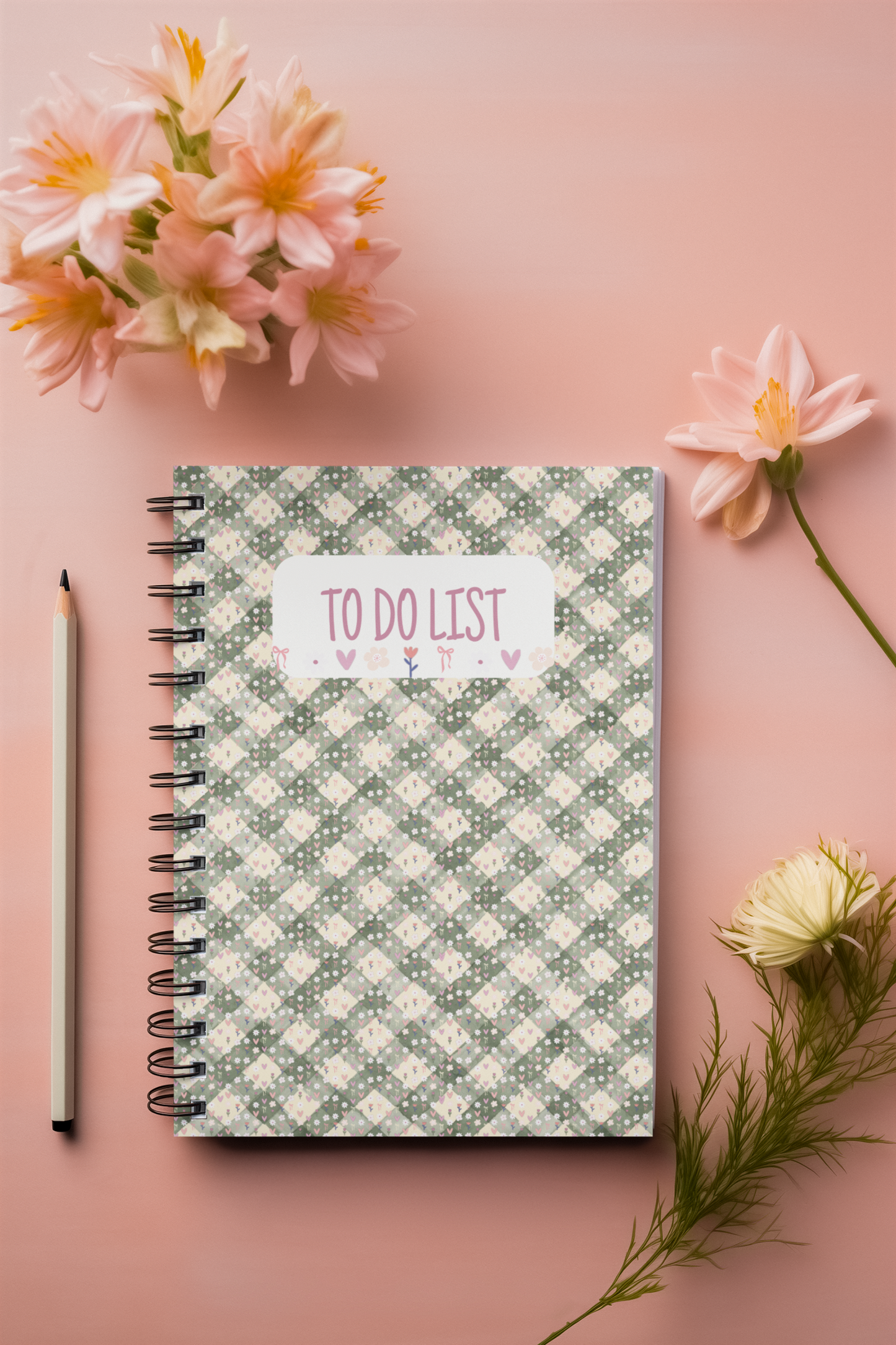 To Do List Spiral Notebook — Floral Gingham Ruled Planner for Daily Tasks